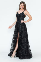 Load image into Gallery viewer, LA Merchandise LAF8235 Glitter Floral A-Line Evening Gown with Slit–Spaghetti Straps &amp; Sweetheart Neckline