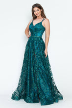 Load image into Gallery viewer, LA Merchandise LAF8235 Glitter Floral A-Line Evening Gown with Slit–Spaghetti Straps &amp; Sweetheart Neckline