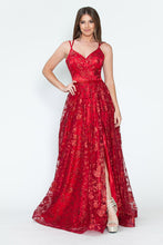 Load image into Gallery viewer, LA Merchandise LAF8235 Glitter Floral A-Line Evening Gown with Slit–Spaghetti Straps &amp; Sweetheart Neckline
