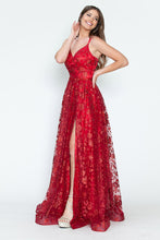 Load image into Gallery viewer, LA Merchandise LAF8235 Glitter Floral A-Line Evening Gown with Slit–Spaghetti Straps &amp; Sweetheart Neckline