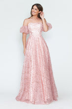Load image into Gallery viewer, LA Merchandise LAF8242 Off-Shoulder Puff Sleeve Glitter A-Line Formal Dress