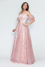Load image into Gallery viewer, LA Merchandise LAF8242 Off-Shoulder Puff Sleeve Glitter A-Line Formal Dress