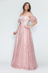 LA Merchandise LAF8242 Off-Shoulder Puff Sleeve Glitter A-Line Formal Dress