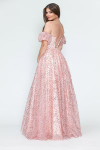 LA Merchandise LAF8242 Off-Shoulder Puff Sleeve Glitter A-Line Formal Dress