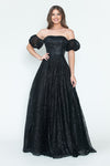 Load image into Gallery viewer, LA Merchandise LAF8242 Off-Shoulder Puff Sleeve Glitter A-Line Formal Dress - BLACK - Dress LAF