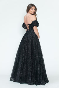 LA Merchandise LAF8242 Off-Shoulder Puff Sleeve Glitter A-Line Formal Dress