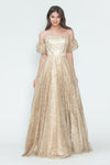 Load image into Gallery viewer, LA Merchandise LAF8242 Off-Shoulder Puff Sleeve Glitter A-Line Formal Dress - CHAMPAGNE GOLD - Dress LAF