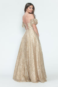 LA Merchandise LAF8242 Off-Shoulder Puff Sleeve Glitter A-Line Formal Dress