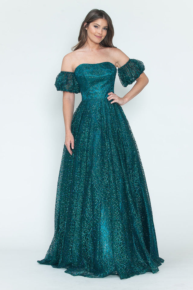 LA Merchandise LAF8242 Off-Shoulder Puff Sleeve Glitter A-Line Formal Dress