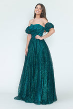 Load image into Gallery viewer, LA Merchandise LAF8242 Off-Shoulder Puff Sleeve Glitter A-Line Formal Dress