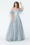 Load image into Gallery viewer, LA Merchandise LAF8242 Off-Shoulder Puff Sleeve Glitter A-Line Formal Dress - SILVER - Dress LAF