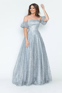 LA Merchandise LAF8242 Off-Shoulder Puff Sleeve Glitter A-Line Formal Dress