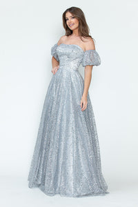 LA Merchandise LAF8242 Off-Shoulder Puff Sleeve Glitter A-Line Formal Dress