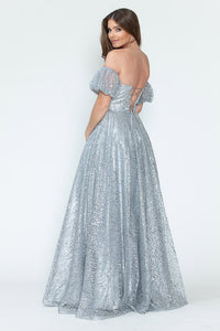 LA Merchandise LAF8242 Off-Shoulder Puff Sleeve Glitter A-Line Formal Dress