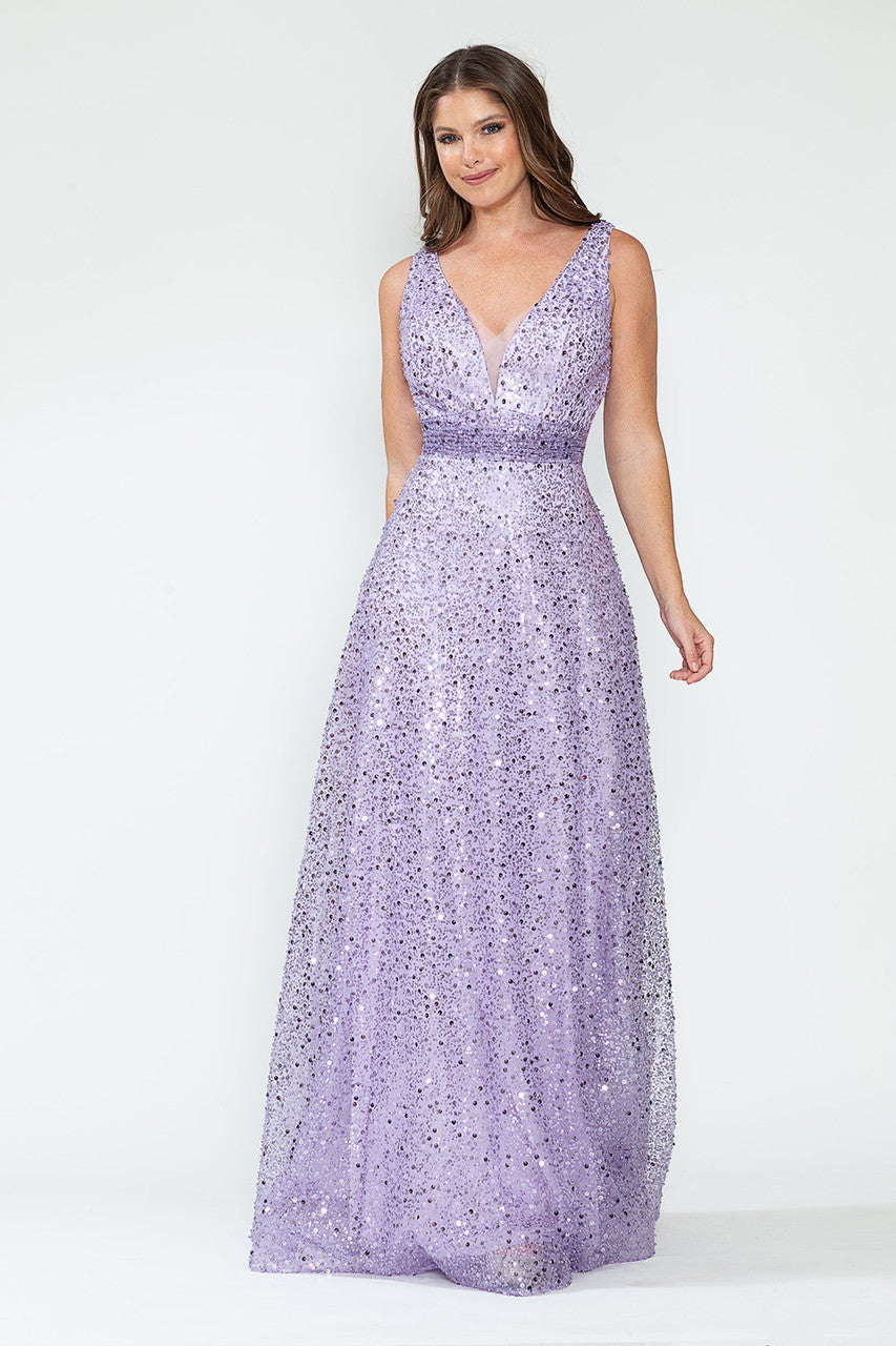 LA Merchandise LAF8217 Sequin A-Line Evening Gown with Deep V-Neck Glitter Beaded Sequin Waist Ruched Formal Dress