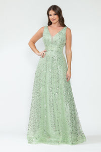 LA Merchandise LAF8217 Sequin A-Line Evening Gown with Deep V-Neck Glitter Beaded Sequin Waist Ruched Formal Dress