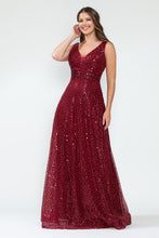 Load image into Gallery viewer, LA Merchandise LAF8217 Sequin A-Line Evening Gown with Deep V-Neck Glitter Beaded Sequin Waist Ruched Formal Dress