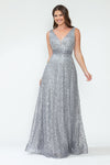 Load image into Gallery viewer, LA Merchandise LAF8217 Sequin A-Line Evening Gown with Deep V-Neck Glitter Beaded Sequin Waist Ruched Formal Dress - SILVER - Dress LAF