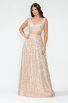 Load image into Gallery viewer, LA Merchandise LAF8217 Sequin A-Line Evening Gown with Deep V-Neck Glitter Beaded Sequin Waist Ruched Formal Dress - CHAMPAGNE GOLD - Dress LAF