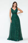 Load image into Gallery viewer, LA Merchandise LAF8217 Sequin A-Line Evening Gown with Deep V-Neck Glitter Beaded Sequin Waist Ruched Formal Dress - HUNTER GREEN - Dress LAF