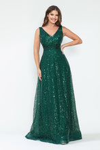 Load image into Gallery viewer, LA Merchandise LAF8217 Sequin A-Line Evening Gown with Deep V-Neck Glitter Beaded Sequin Waist Ruched Formal Dress