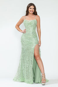 LA Merchandise LAF8216 Sequin Spaghetti Strap Cowl Neck High Slit Evening Gown Glitter Formal Dress