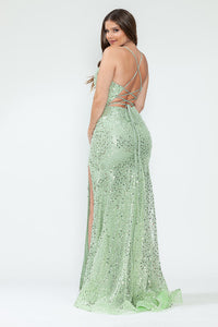 LA Merchandise LAF8216 Sequin Spaghetti Strap Cowl Neck High Slit Evening Gown Glitter Formal Dress