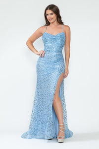 LA Merchandise LAF8216 Sequin Spaghetti Strap Cowl Neck High Slit Evening Gown Glitter Formal Dress