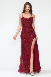LA Merchandise LAF8216 Sequin Spaghetti Strap Cowl Neck High Slit Evening Gown Glitter Formal Dress