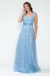 Load image into Gallery viewer, LA Merchandise LAF8217 Sequin A-Line Evening Gown with Deep V-Neck Glitter Beaded Sequin Waist Ruched Formal Dress - SKY BLUE - Dress LAF