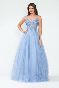 LA Merchandise LAF8182 Sheer Bodice & Floral Appliques Spaghetti Strap Tulle Dress
