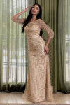Load image into Gallery viewer, Wholesale 3/4 Sleeve All-Over Sequin Beaded Sheath Mother of the Bride Evening Gown by LAF8395 - CHAMPAGNE - Dresses LAF