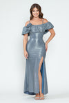 Load image into Gallery viewer, Off-Shoulder Glitter Knit Gown with Ruffled Overlay and Side Slit for Formal Events By LAF5316 - DENIM BLUE - Dress LAF