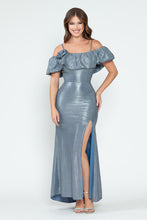 Load image into Gallery viewer, Off-Shoulder Glitter Knit Gown with Ruffled Overlay and Side Slit for Formal Events By LAF5316