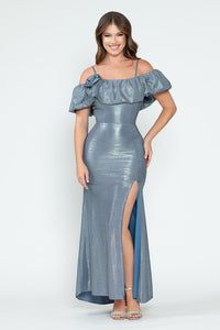 Off-Shoulder Glitter Knit Gown with Ruffled Overlay and Side Slit for Formal Events By LAF5316