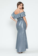 Load image into Gallery viewer, Off-Shoulder Glitter Knit Gown with Ruffled Overlay and Side Slit for Formal Events By LAF5316