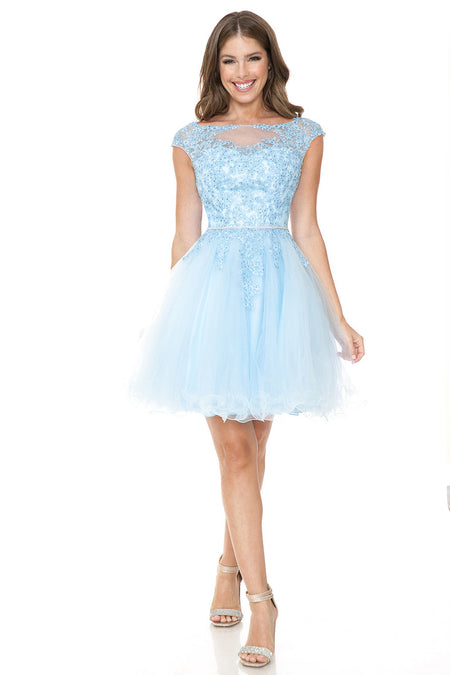 LA Merchandise LAF8177 Lace Applique Cap Sleeve Short Tulle Party Dress with Rhinestone Belt