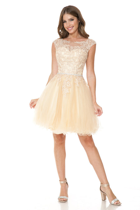 LA Merchandise LAF8177 Lace Applique Cap Sleeve Short Tulle Party Dress with Rhinestone Belt