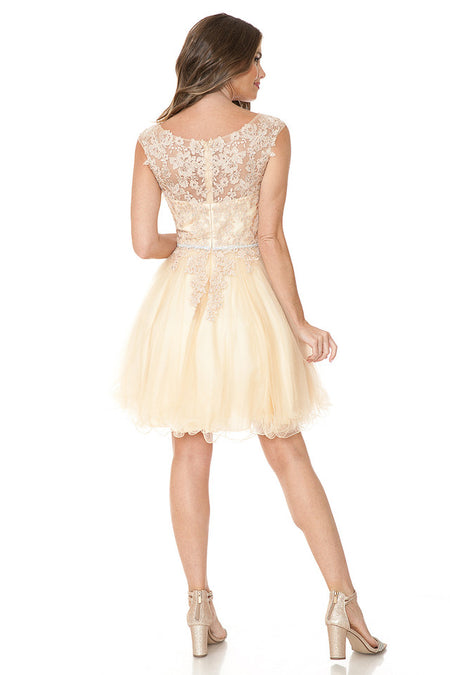 LA Merchandise LAF8177 Lace Applique Cap Sleeve Short Tulle Party Dress with Rhinestone Belt