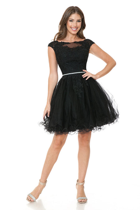 LA Merchandise LAF8177 Lace Applique Cap Sleeve Short Tulle Party Dress with Rhinestone Belt