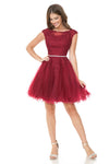 Load image into Gallery viewer, LA Merchandise LAF8177 Lace Applique Cap Sleeve Short Tulle Party Dress with Rhinestone Belt