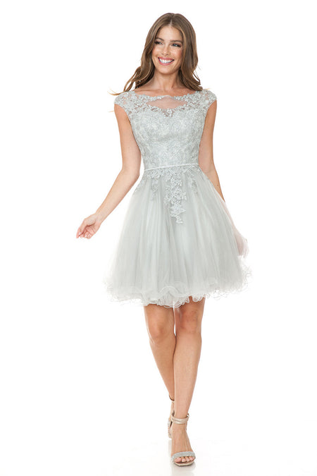 LA Merchandise LAF8177 Lace Applique Cap Sleeve Short Tulle Party Dress with Rhinestone Belt