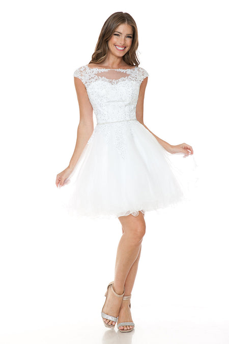 LA Merchandise LAF8177 Lace Applique Cap Sleeve Short Tulle Party Dress with Rhinestone Belt