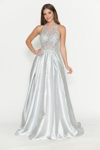 LA Merchandise LAF8181 Halter Lace Bodice A-Line Evening Gown with Sheer Illusion Neckline