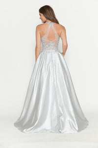LA Merchandise LAF8181 Halter Lace Bodice A-Line Evening Gown with Sheer Illusion Neckline