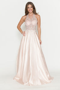 LA Merchandise LAF8181 Halter Lace Bodice A-Line Evening Gown with Sheer Illusion Neckline