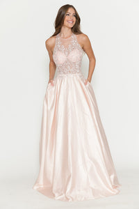LA Merchandise LAF8181 Halter Lace Bodice A-Line Evening Gown with Sheer Illusion Neckline