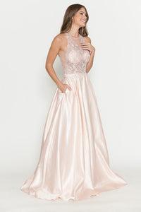 LA Merchandise LAF8181 Halter Lace Bodice A-Line Evening Gown with Sheer Illusion Neckline