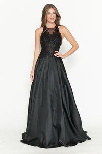 LA Merchandise LAF8181 Halter Lace Bodice A-Line Evening Gown with Sheer Illusion Neckline