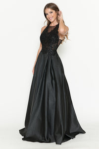 LA Merchandise LAF8181 Halter Lace Bodice A-Line Evening Gown with Sheer Illusion Neckline